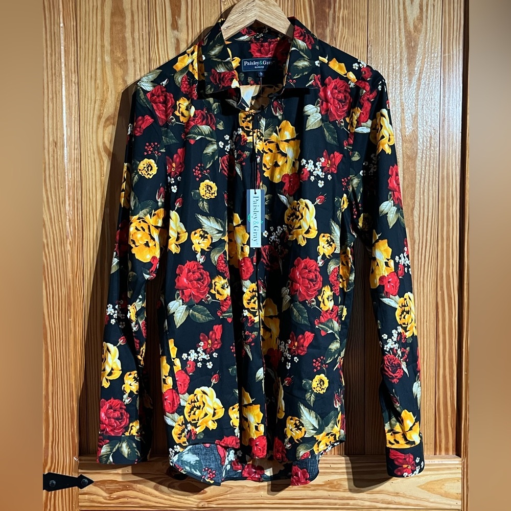 Paisley & Gray Slim Fit Tab Collar Black All Over Print Roses Club Shirt - Picture 2 of 14